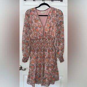 Max Studio Pink Floral Long-Sleeve Smocked Waist Dress
